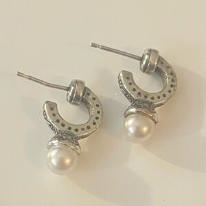 Brighton Vintage Silver Pearl Drop Half Hoop Earrings